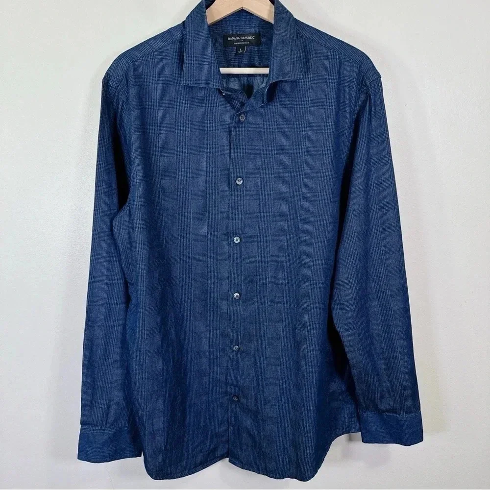Banana Republic Plaid Denim Chambray Slim Fit Button Shirt